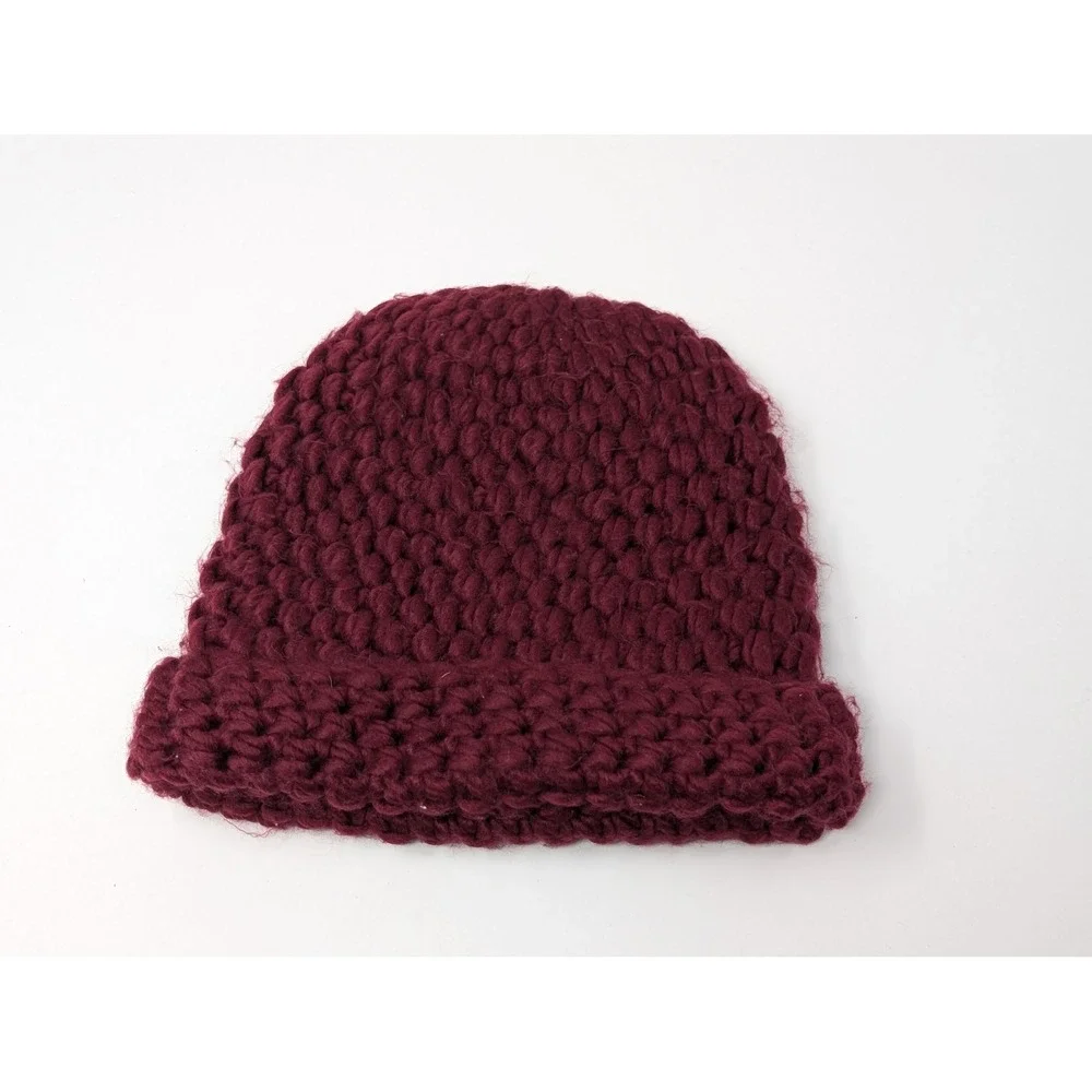 Anne Klein Burgundy Chunky‎ Knit Cuffed Beanie Hat Acrylic Winter Cap Grannycore